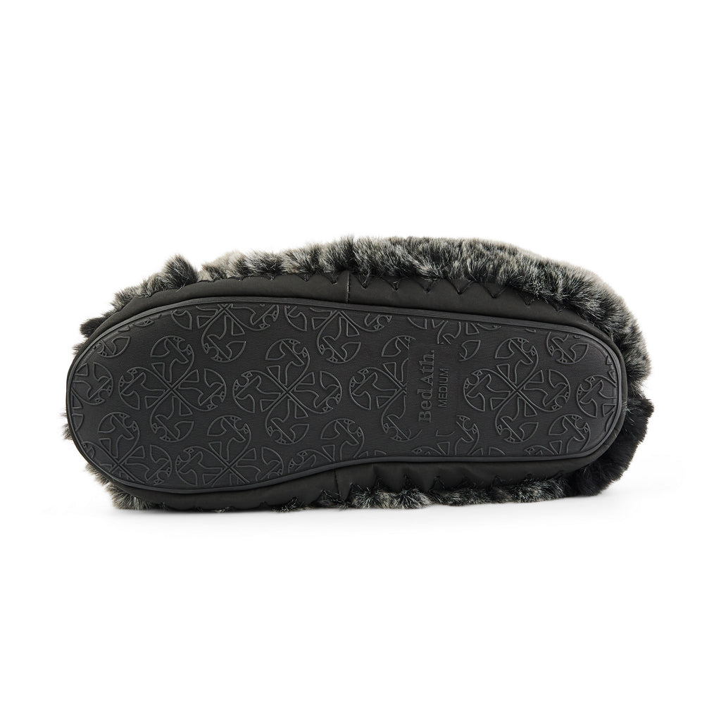 Black slipper with grey fur trim on a white background