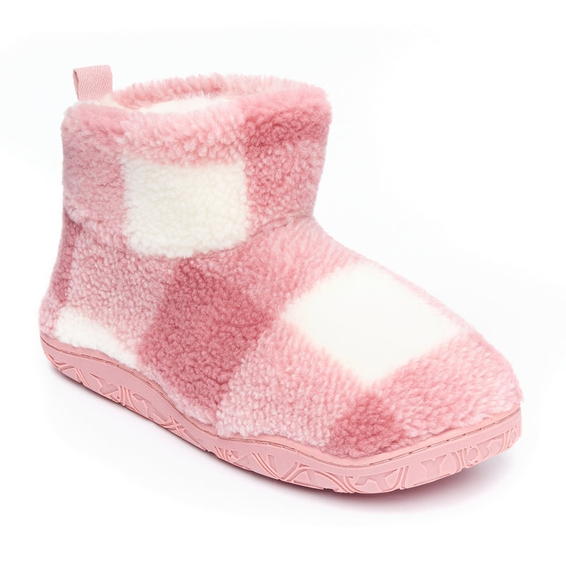 Celeste - Shorter Length Check Sherpa Slipper Boot - Pink Check