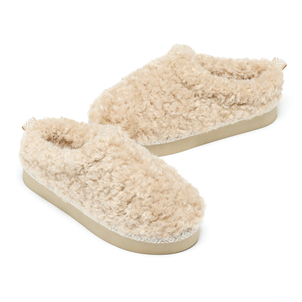 Alicia - Luxury Borg Fleece Platform Mule -  Biscuit