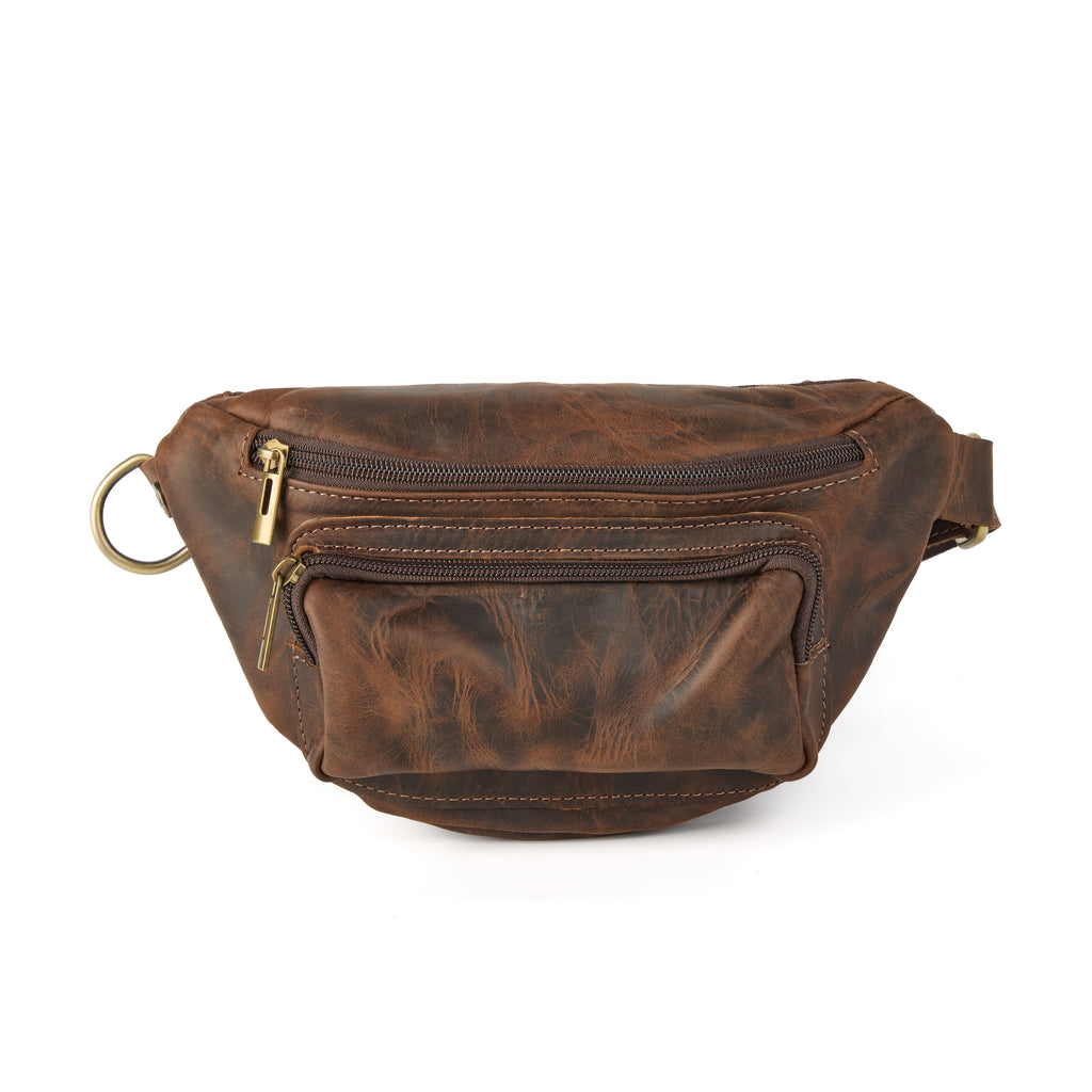Baresi bag (a brown distressed leather bum bag), close-up detail