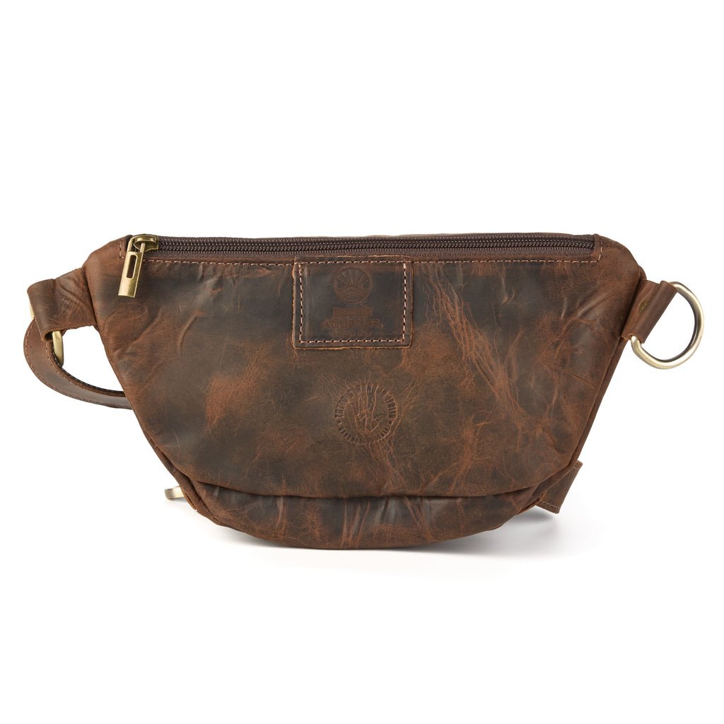 Baresi bag (a brown distressed leather bum bag), close-up detail