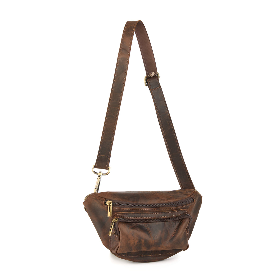 Baresi: a brown distressed leather bum bag with a front pouch pocket, an adjustable crossbody strap, brass hardware and a houndstooth-check lining, shown at an angle