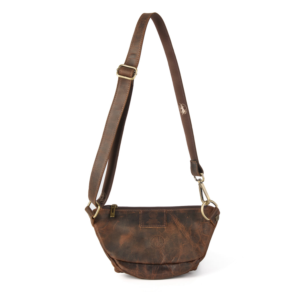 Baresi: a brown distressed leather bum bag with a front pouch pocket, an adjustable crossbody strap, brass hardware and a houndstooth-check lining, shown from another angle