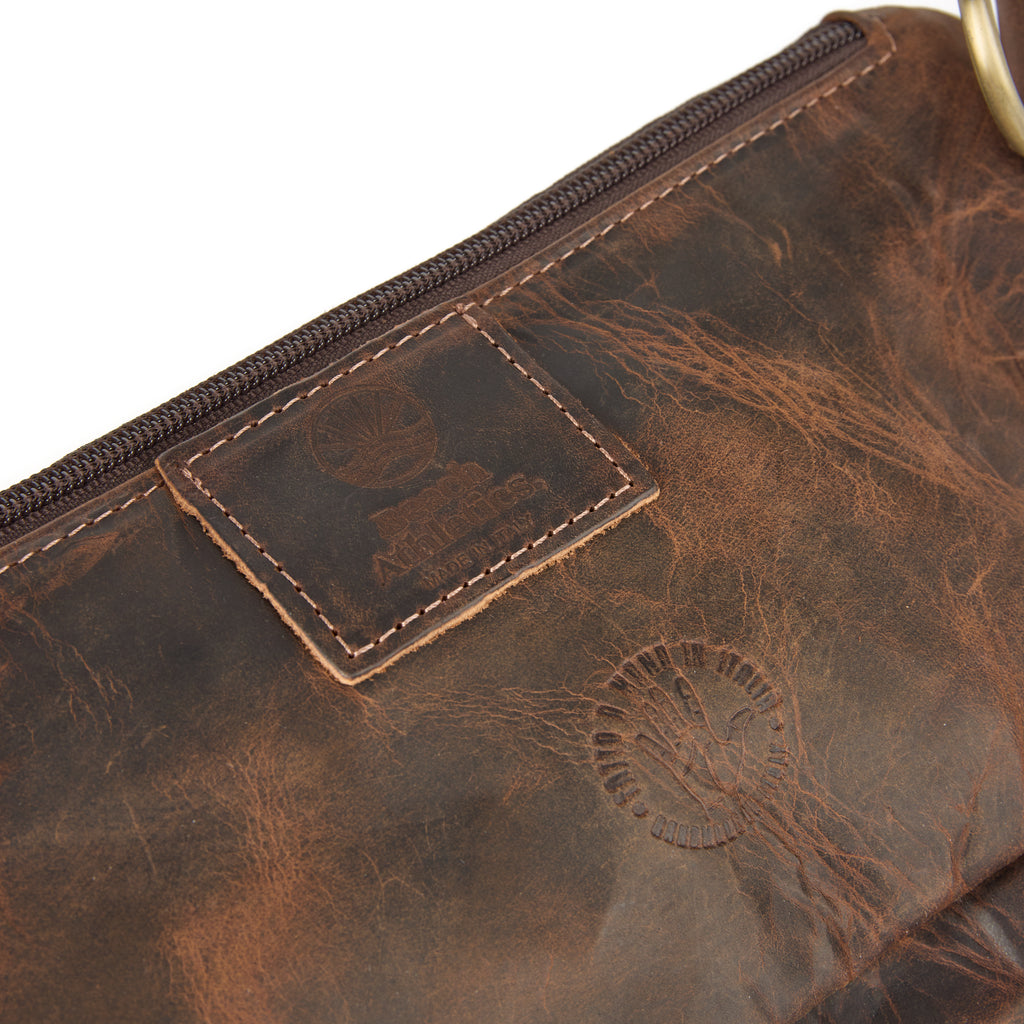 Baresi bag (a brown distressed leather bum bag), close-up detail