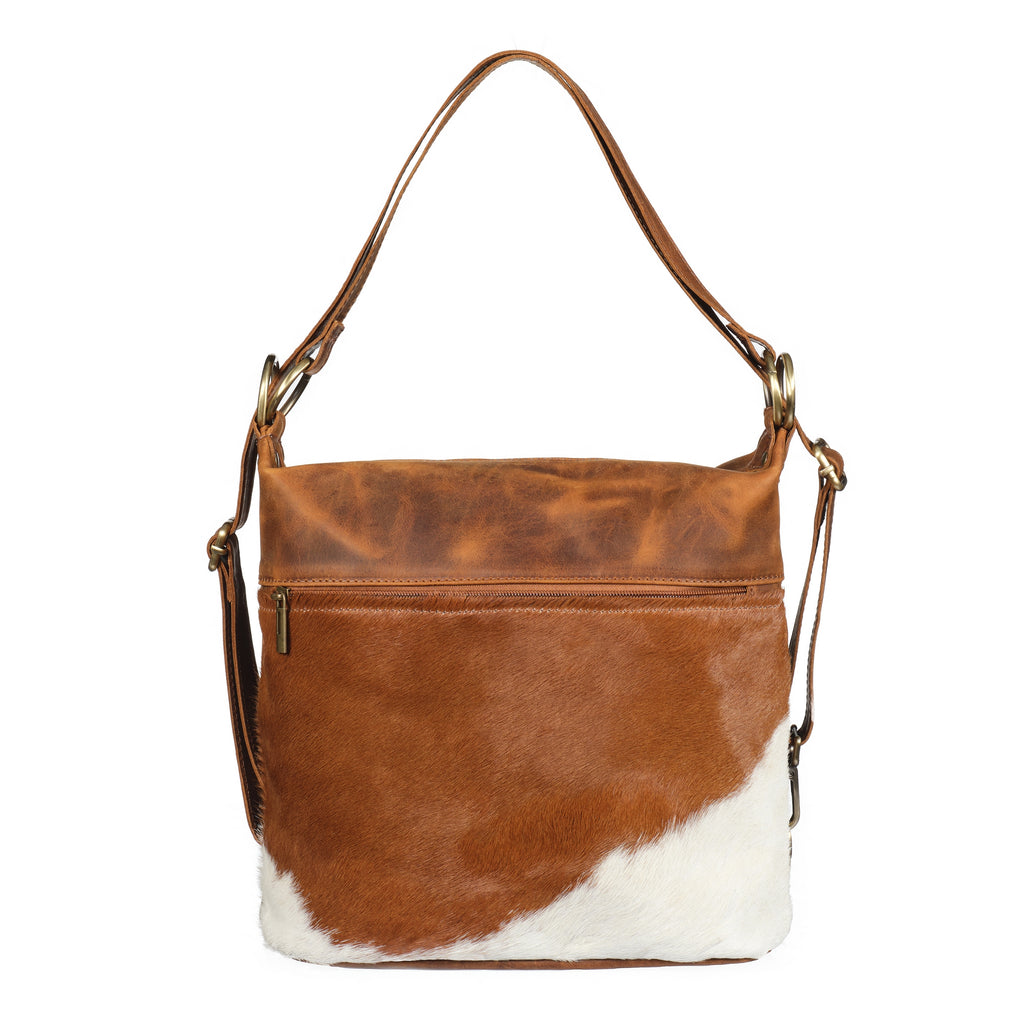Bastoni - Distressed Leather Cow Print Pattern Bag - Tan