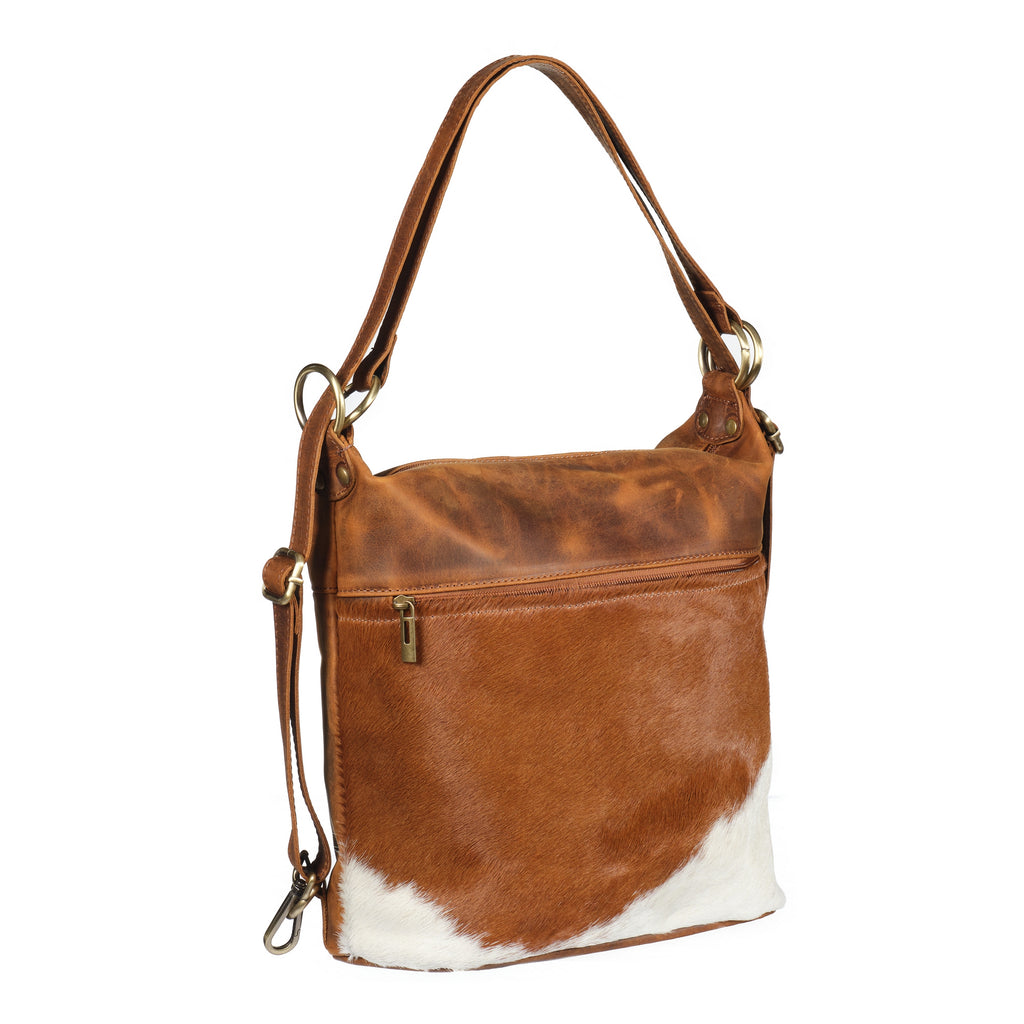 Bastoni - Distressed Leather Cow Print Pattern Bag - Tan