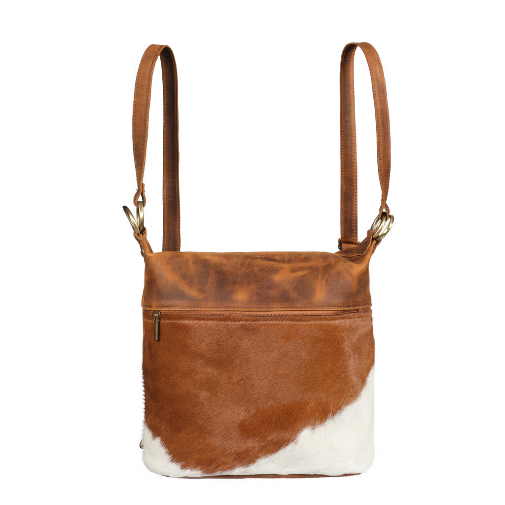Bastoni - Distressed Leather Cow Print Pattern Bag - Tan