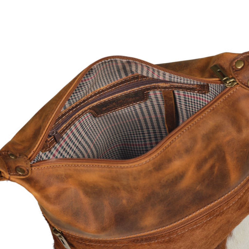 Bastoni - Distressed Leather Cow Print Pattern Bag - Tan