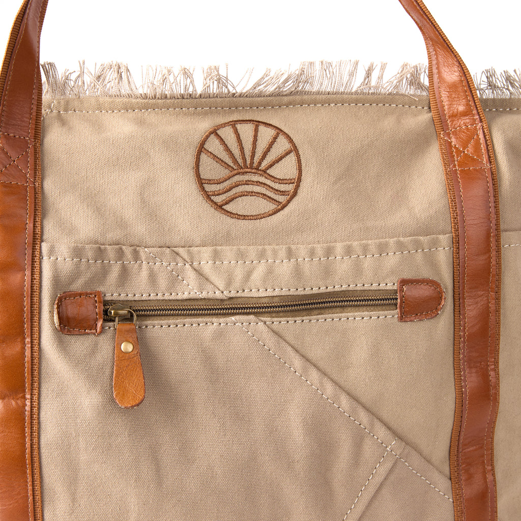 Bonnie bag (a beige washed canvas beach bag), close-up of the embroidered logo and pocket