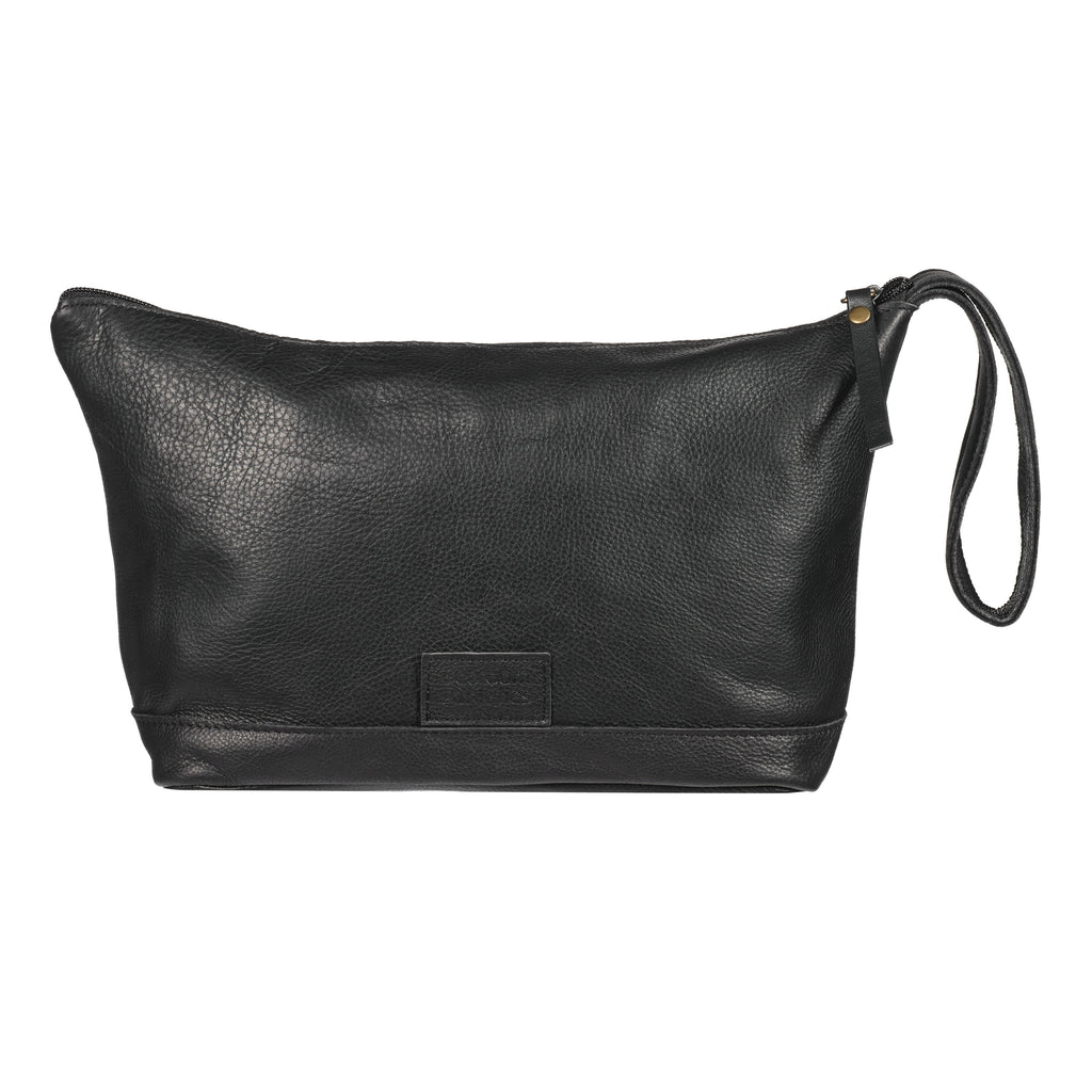 Black leather Washbag, a timeless and practical companion designed to keep your everyday essentials organised.