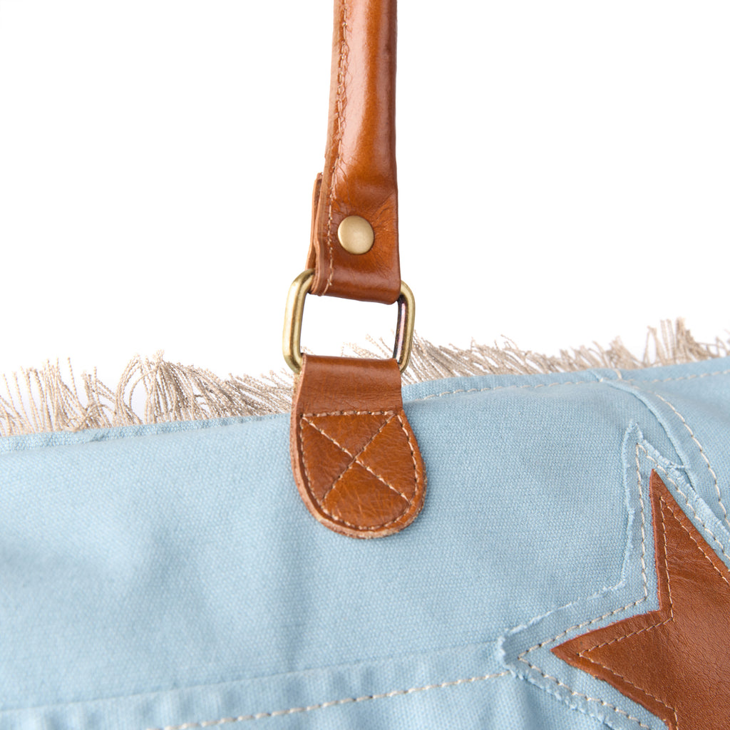 Casey bag (a blue washed canvas beach bag), close-up of the handle