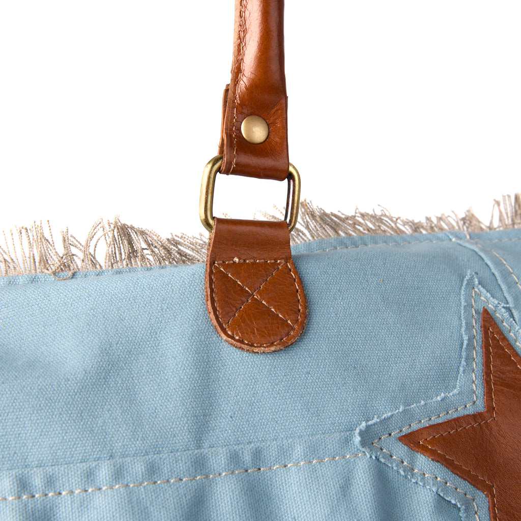 Casey bag (a blue washed canvas beach bag), close-up of the handle