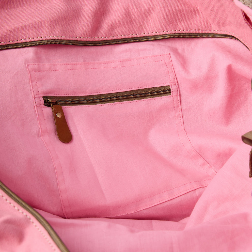 Casey bag (a pink washed canvas beach bag), interior view showing an inside pocket