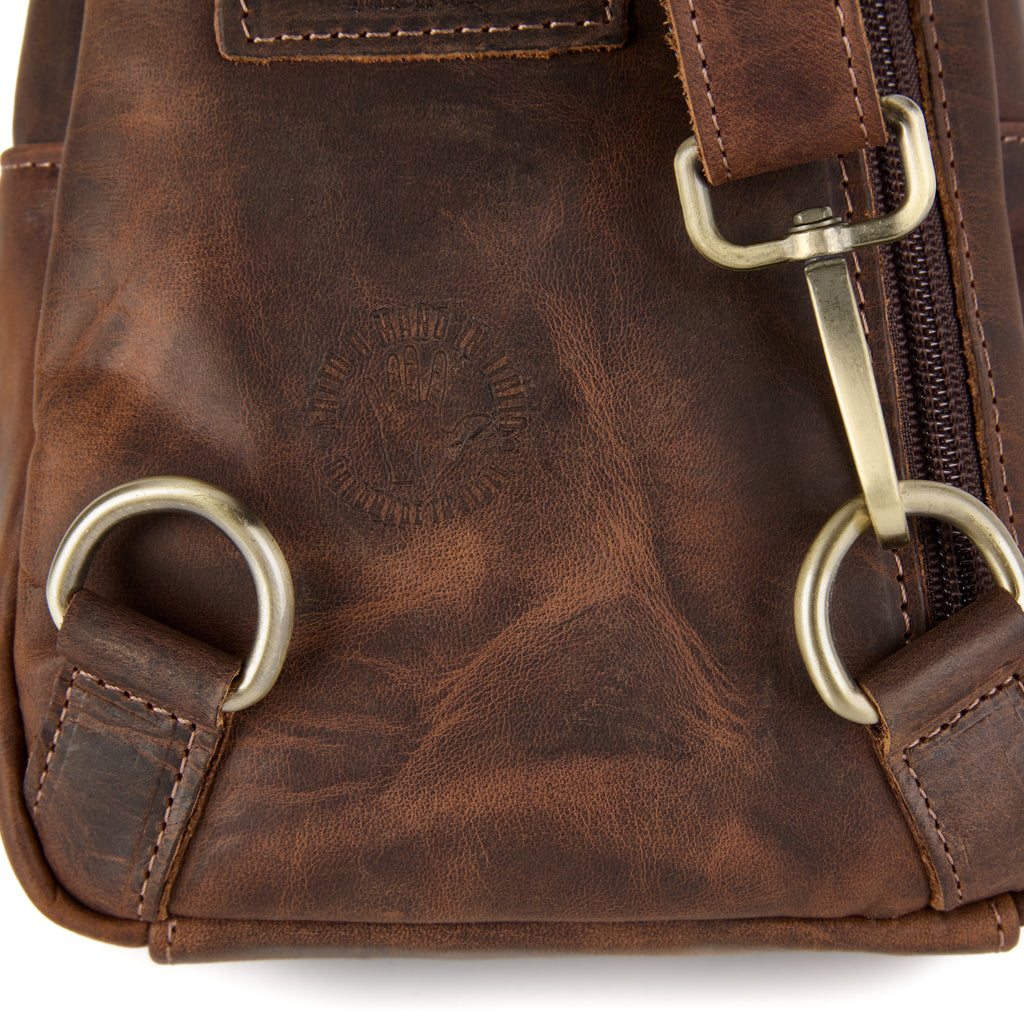 Chiesa bag (a brown distressed leather chest bag), close-up detail