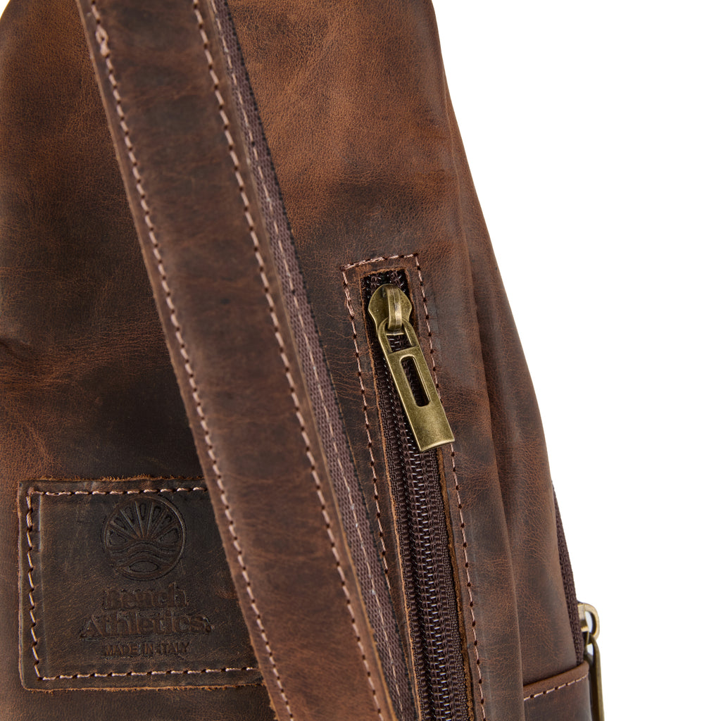 Chiesa bag (a brown distressed leather chest bag), close-up detail