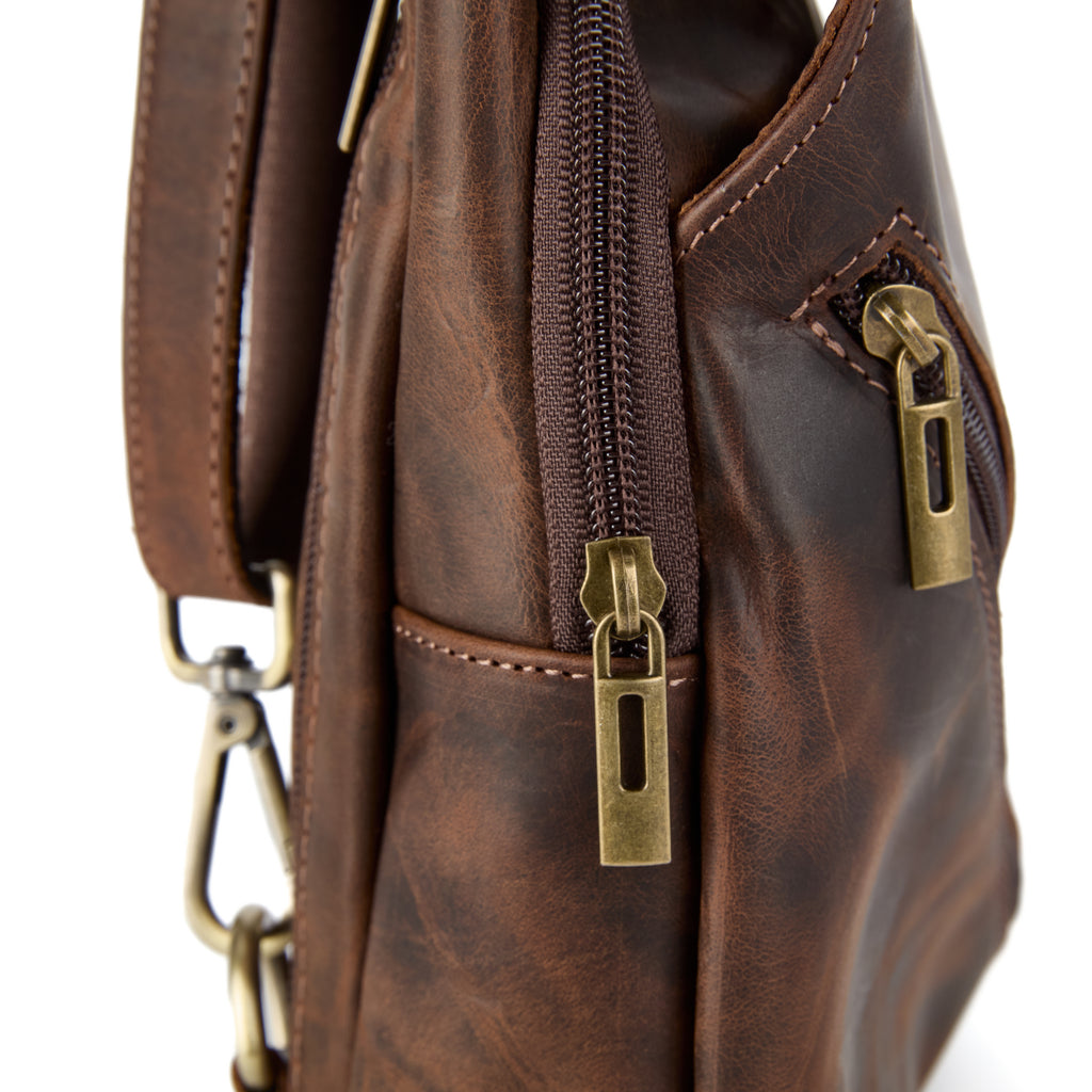 Chiesa bag (a brown distressed leather chest bag), close-up detail
