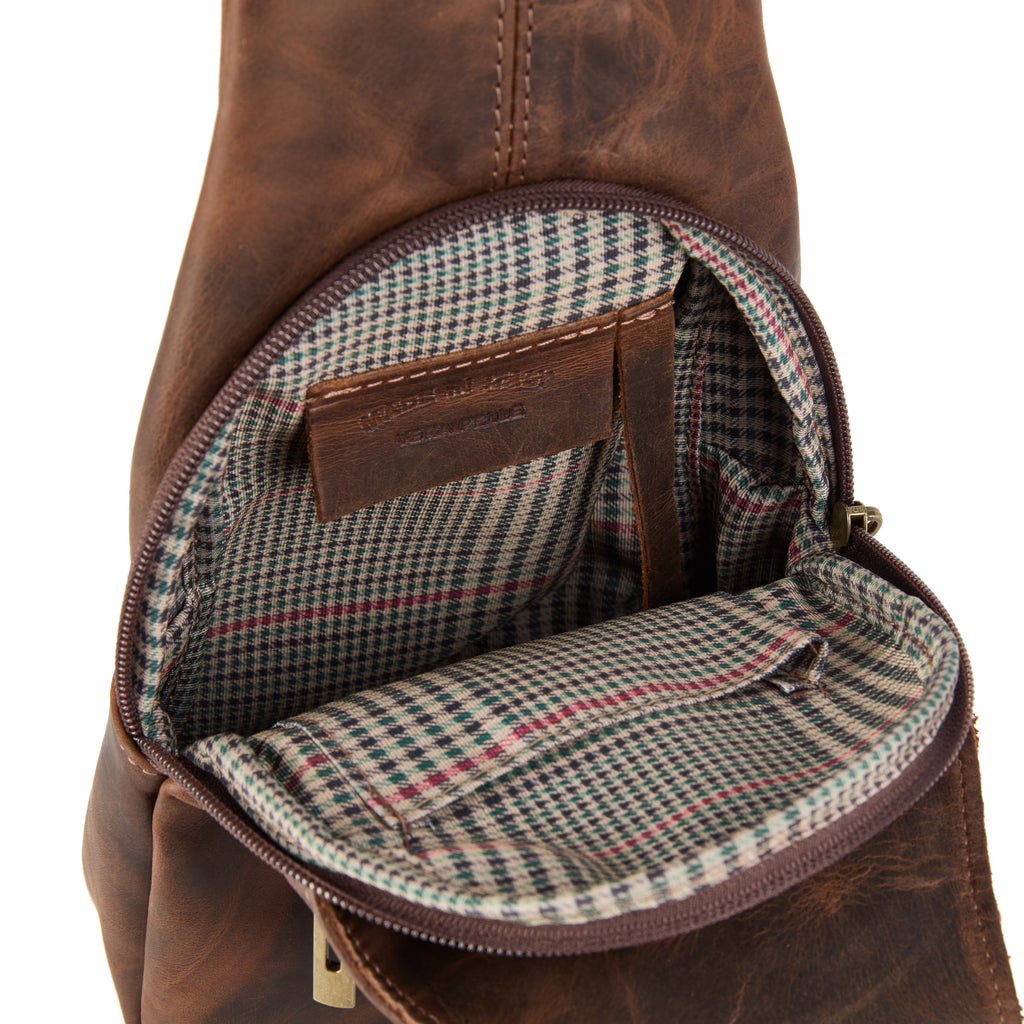 Chiesa bag (a brown distressed leather chest bag), close-up detail