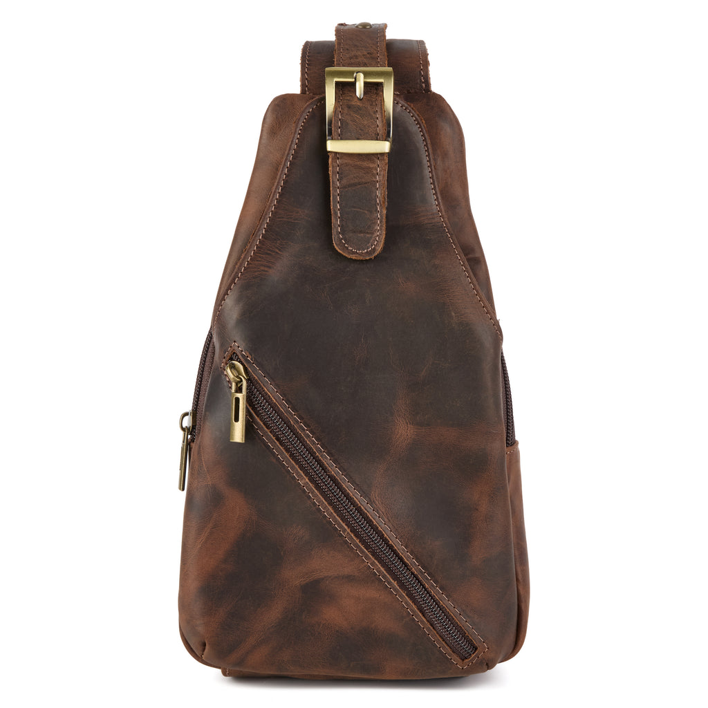Chiesa: a brown distressed leather chest/sling bag with a long adjustable crossbody strap, a front flap pocket and a houndstooth-check lining, shown from another angle