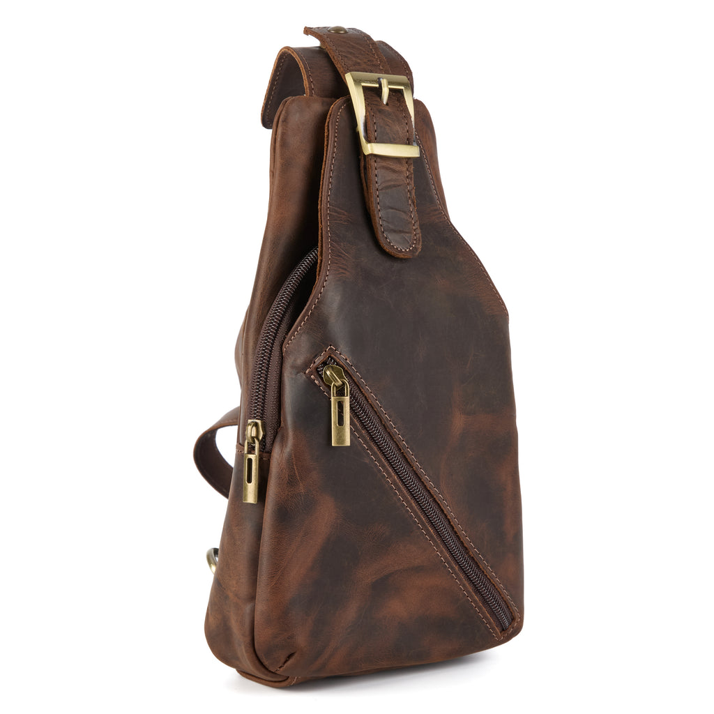 Chiesa bag (a brown distressed leather chest bag), close-up detail