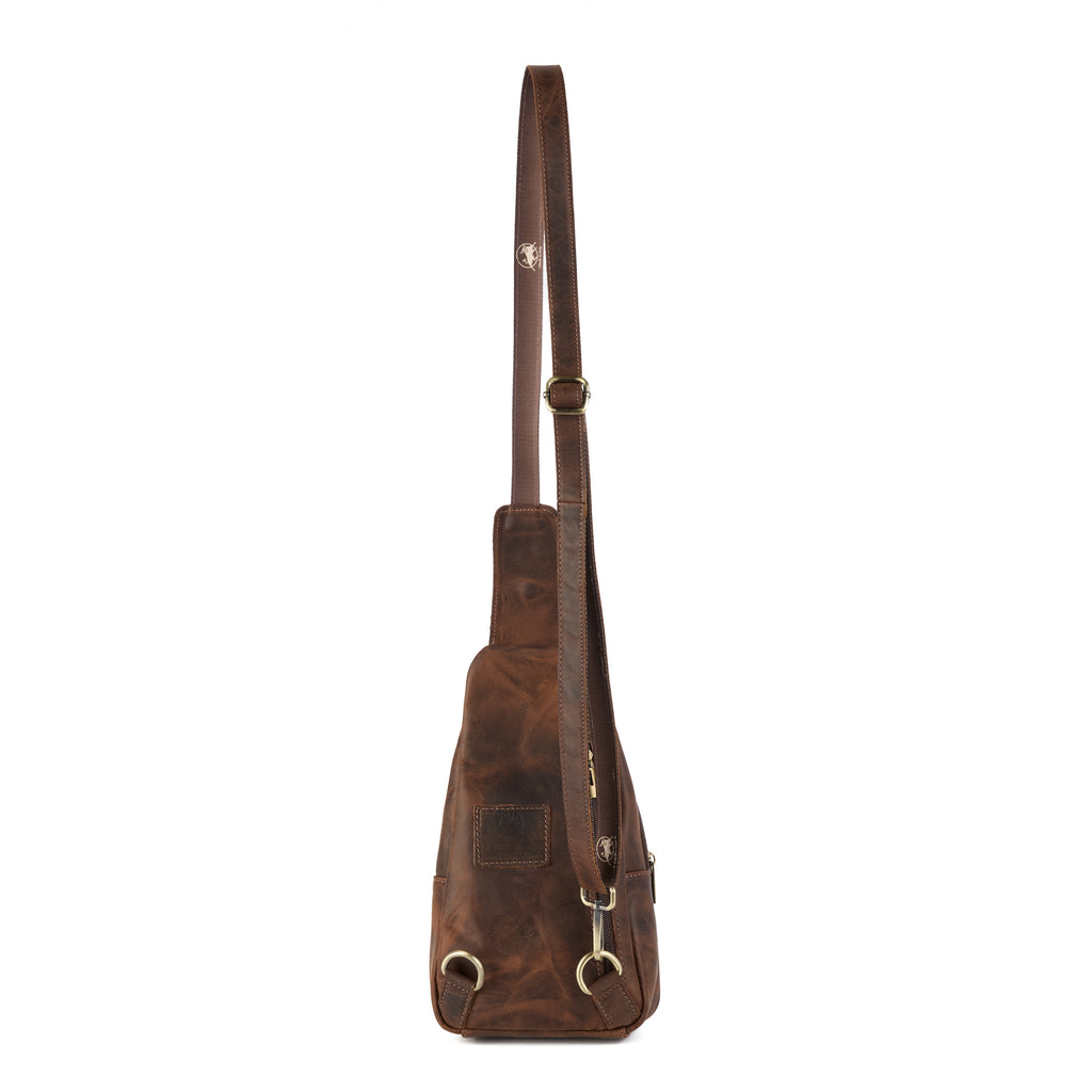 Chiesa bag (a brown distressed leather chest bag), close-up detail