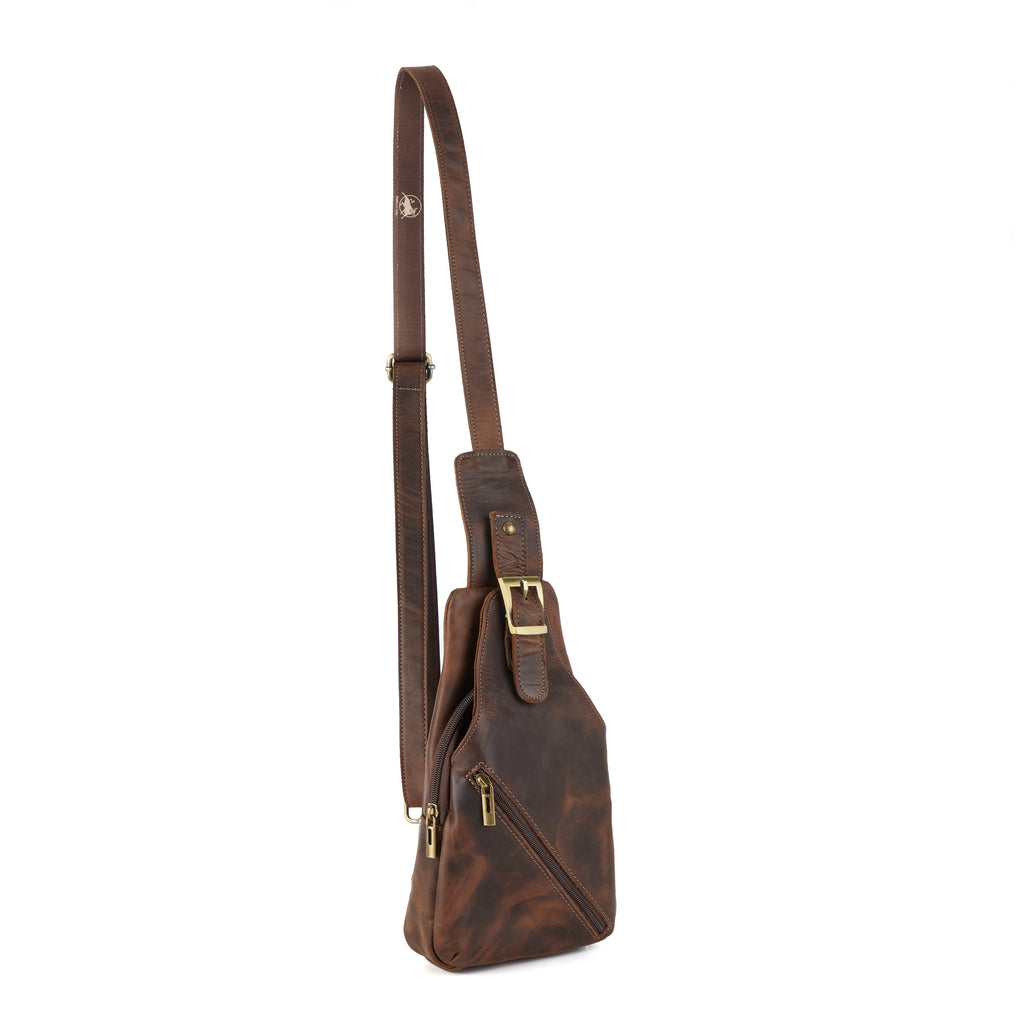 Chiesa bag (a brown distressed leather chest bag), close-up detail