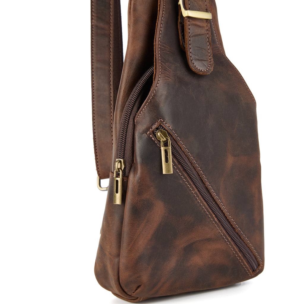 Chiesa bag (a brown distressed leather chest bag), close-up detail