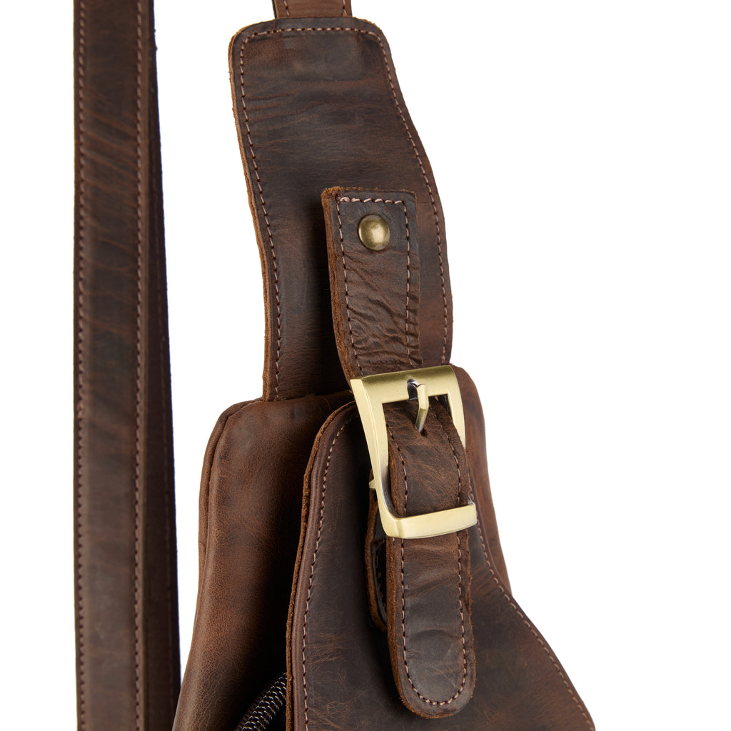 Chiesa bag (a brown distressed leather chest bag), close-up detail