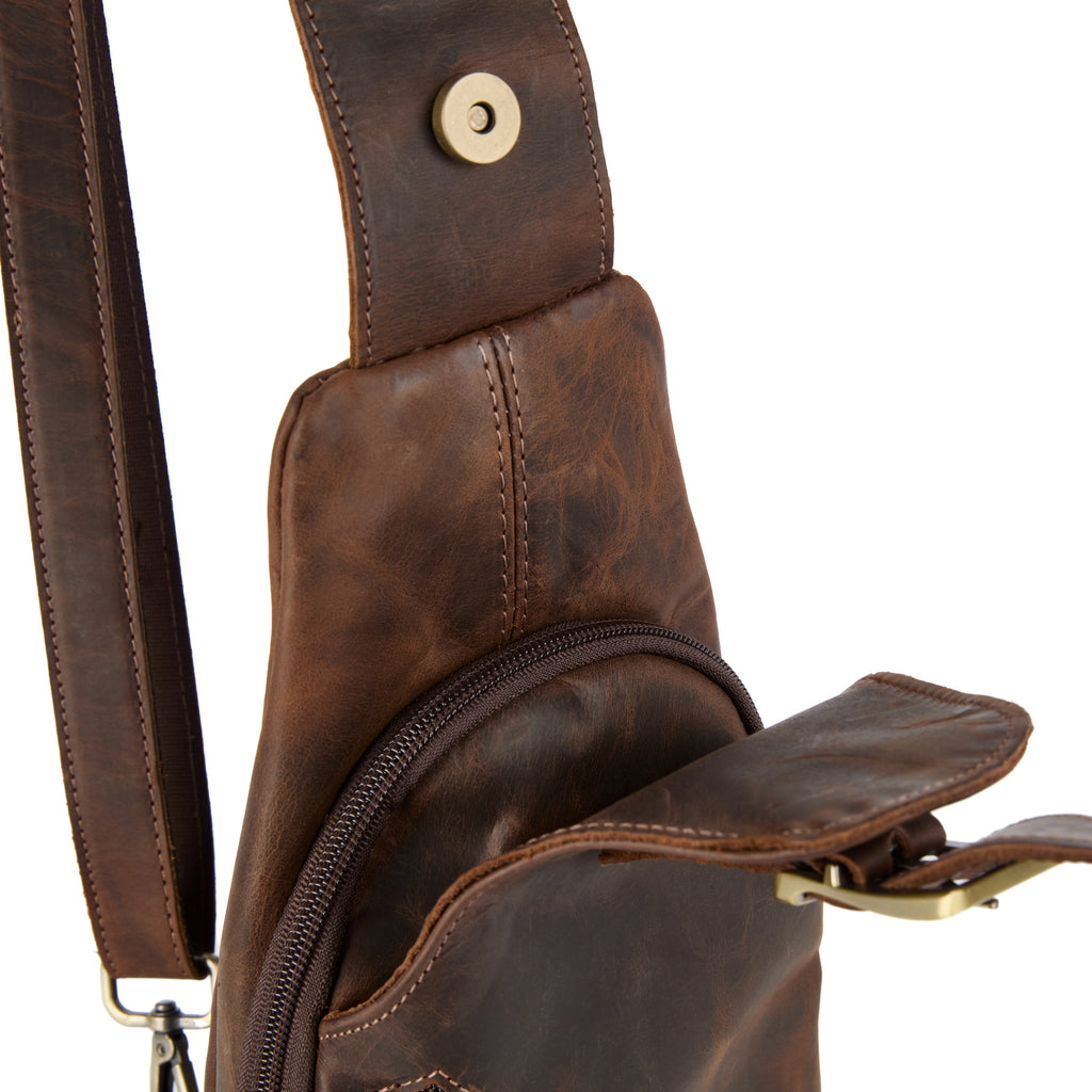 Chiesa bag (a brown distressed leather chest bag), close-up detail