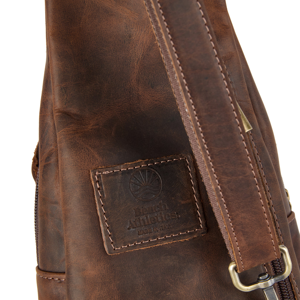 Chiesa bag (a brown distressed leather chest bag), close-up detail