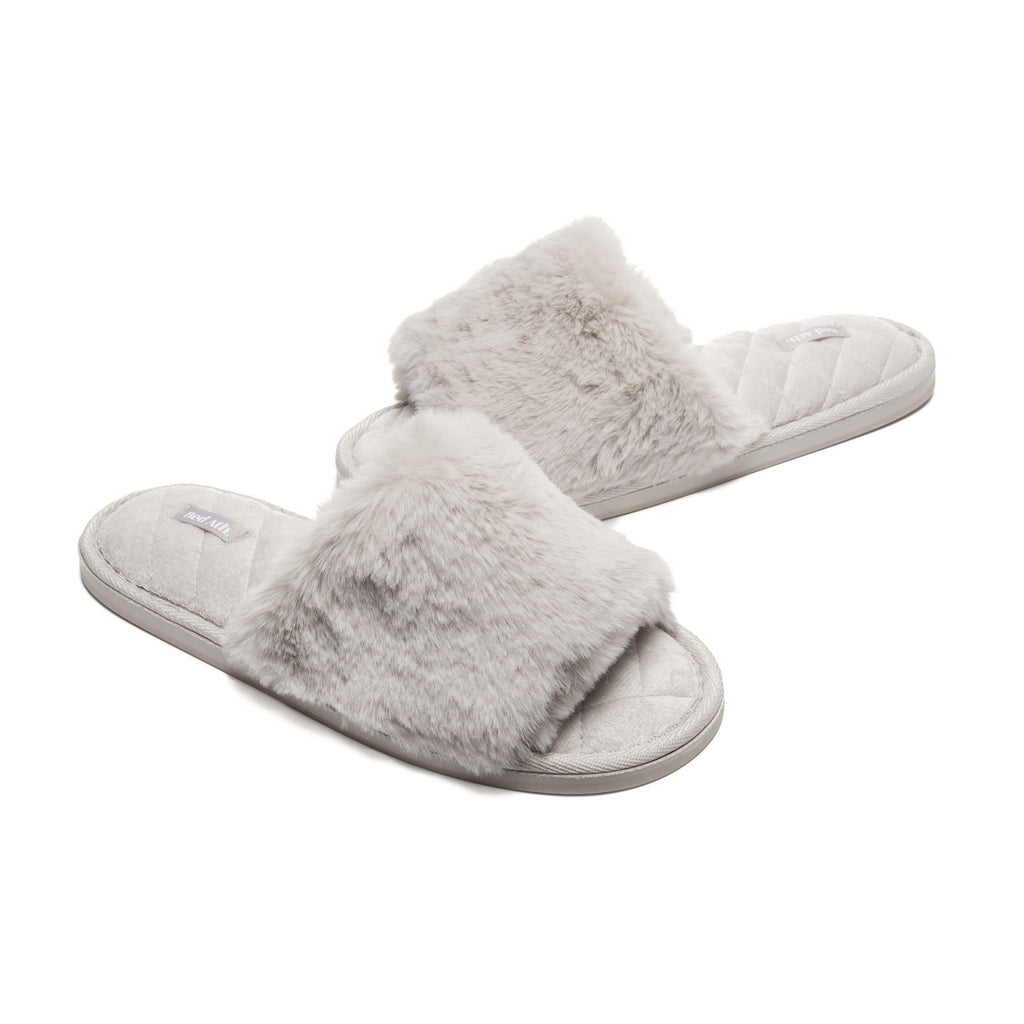 Faux Fur Slippers - Global Recycled Standard Certified with custom Carmen Lining + Clear Brooches