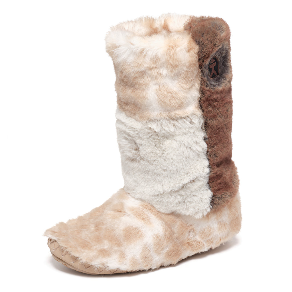 Florence - Tall Luxury Faux Fur Slipper Boot - Patchwork Caramel Leopard