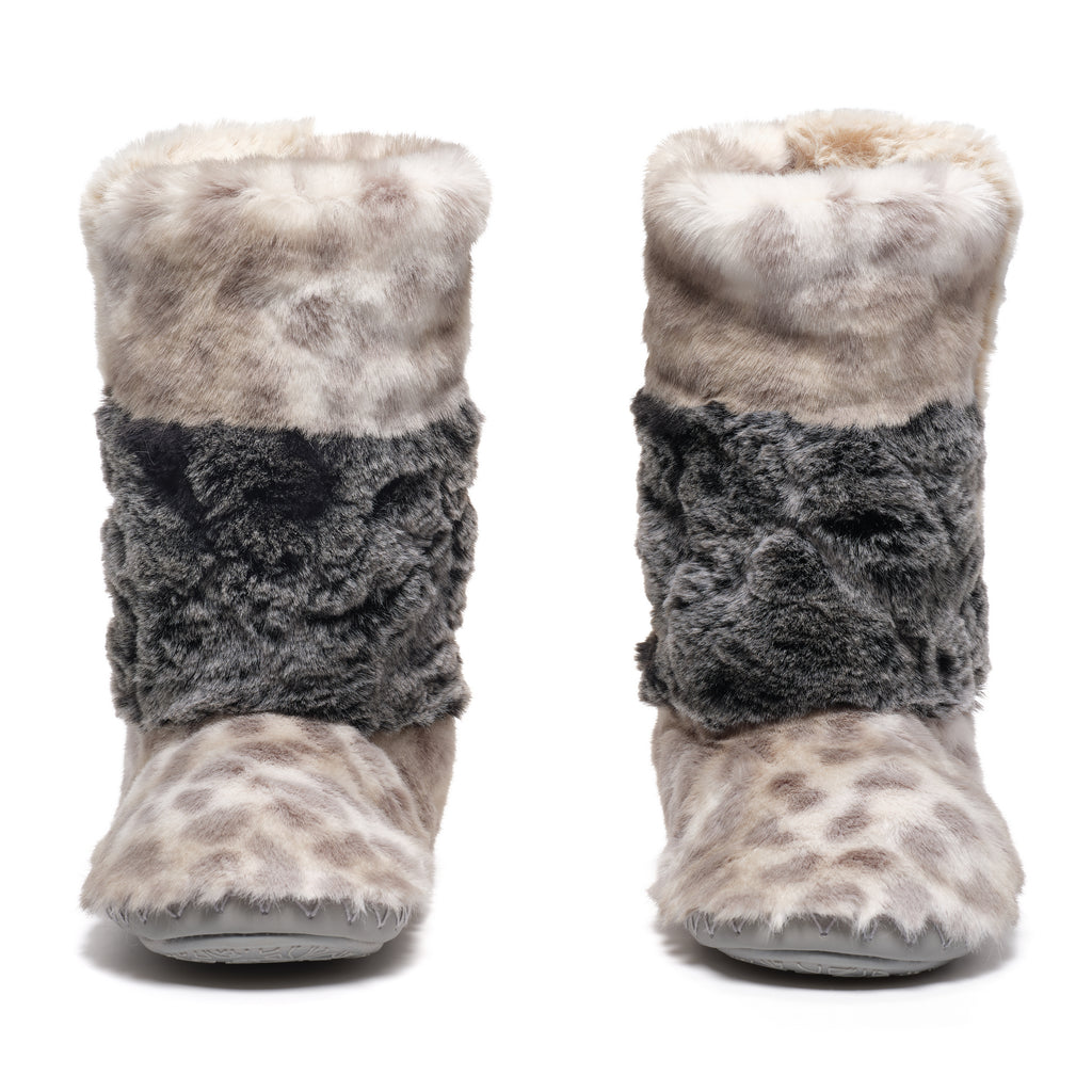 Florence - Tall Luxury Faux Fur Slipper Boot - Patchwork Grey Leopard