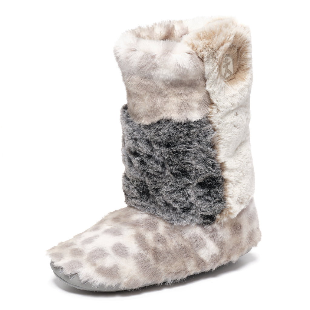 Florence - Tall Luxury Faux Fur Slipper Boot - Patchwork Grey Leopard
