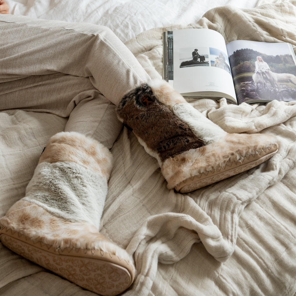 Florence - Tall Luxury Faux Fur Slipper Boot - Patchwork Caramel Leopard
