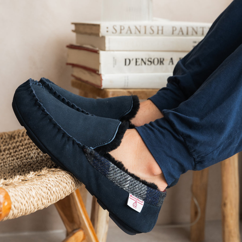 Hanks- Suede Moccasin With Harris Tweed - Navy