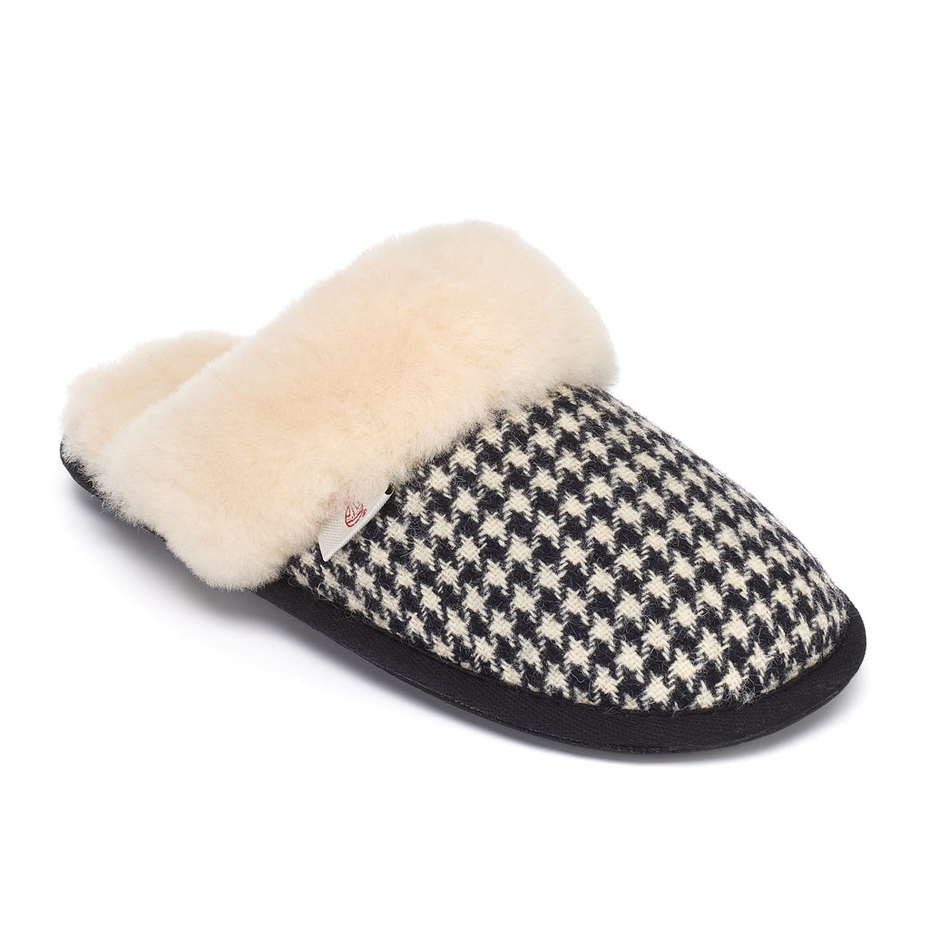 Kate - Sheepskin Lined Mule - Black / White Houndstooth