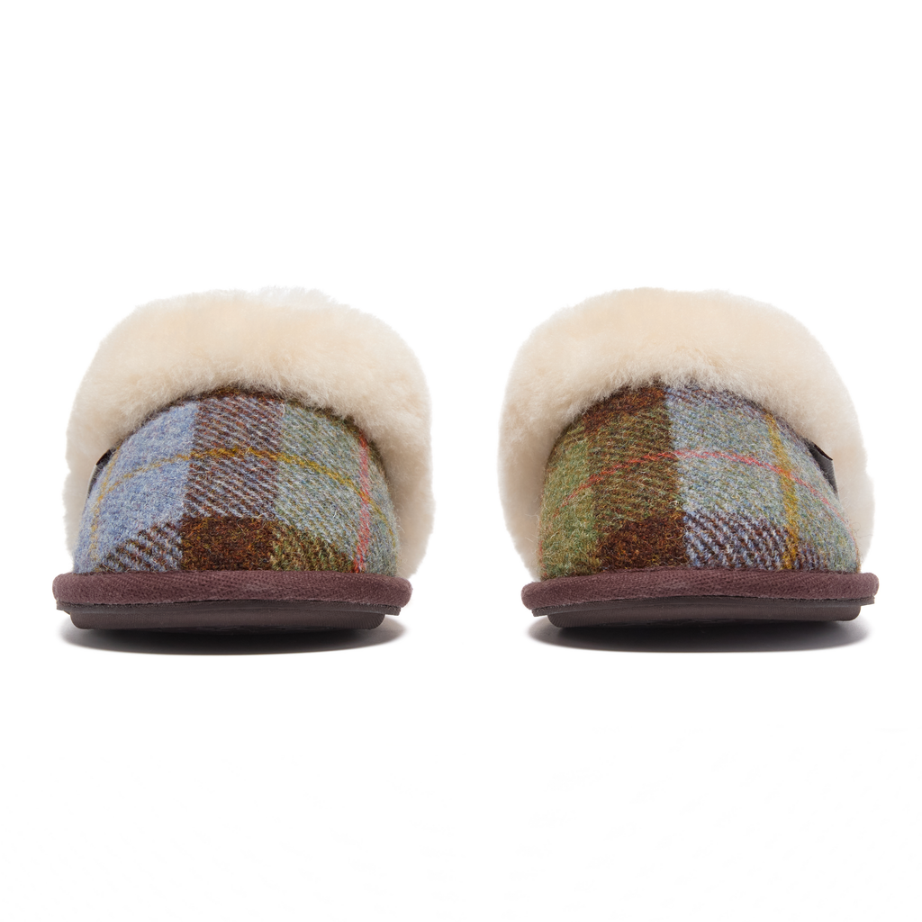 Kate - Sheepskin Lined Mule - Chocolate / Green Check