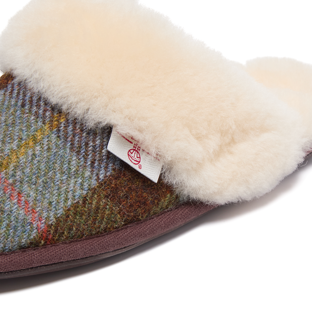 Kate - Sheepskin Lined Mule - Chocolate / Green Check