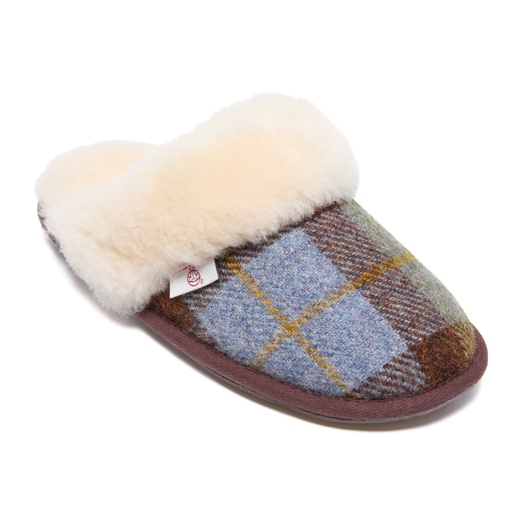 Kate - Sheepskin Lined Mule - Chocolate / Green Check