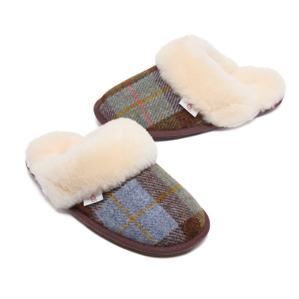 Kate - Sheepskin Lined Mule - Chocolate / Green Check