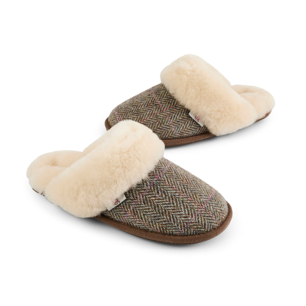 Kate - Sheepskin Lined Mule - Oat / Pink Herringbone