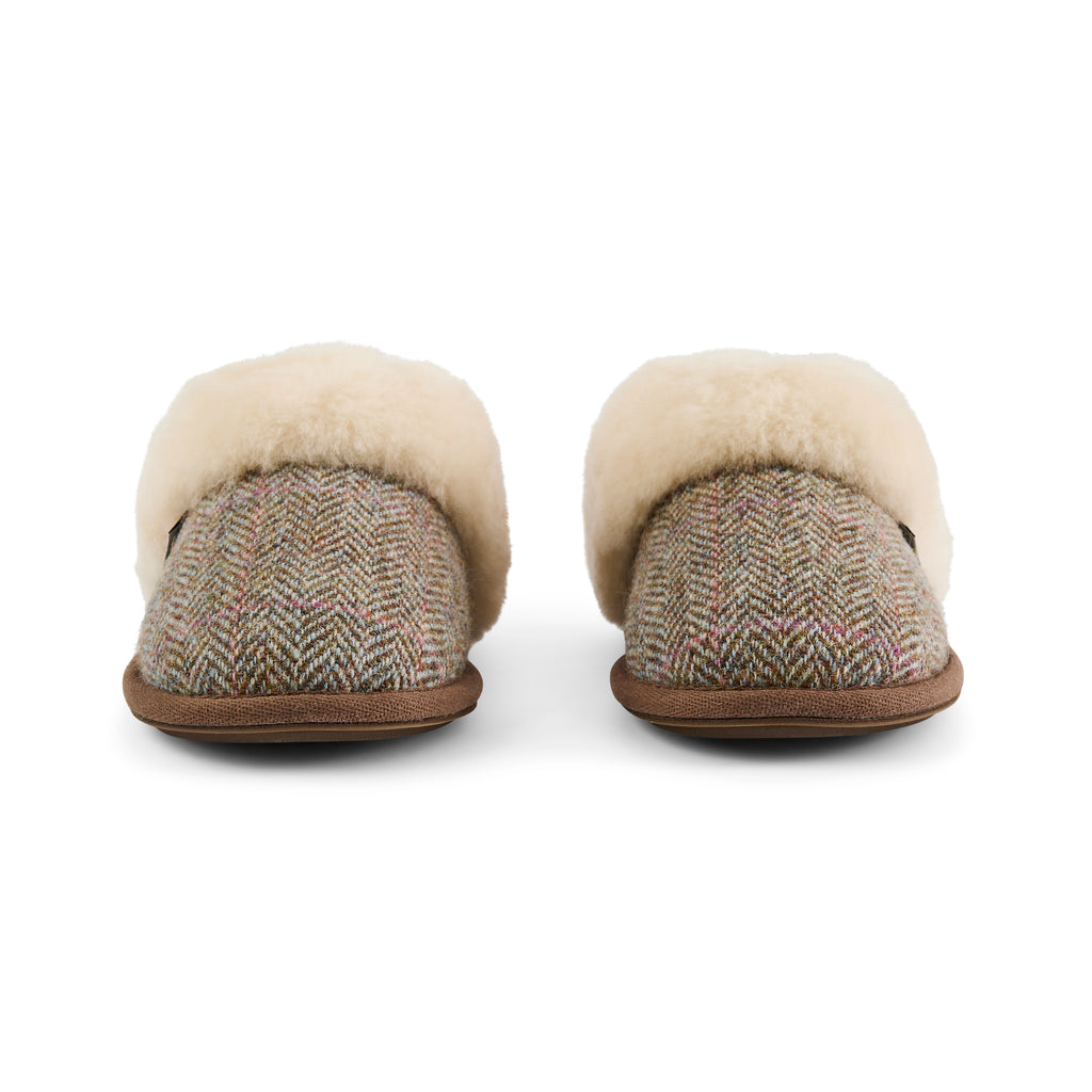 Kate - Sheepskin Lined Mule - Oat / Pink Herringbone