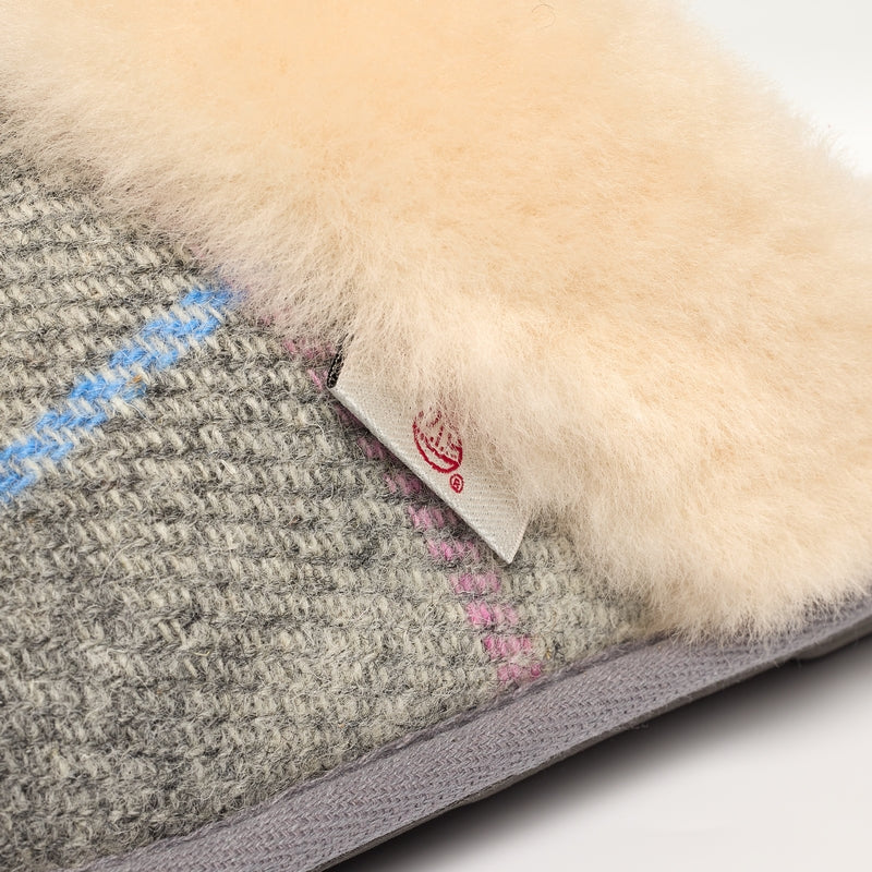 Kate Grey and Pink Check Mule Slipper with Australian Sheepskin - detailed image