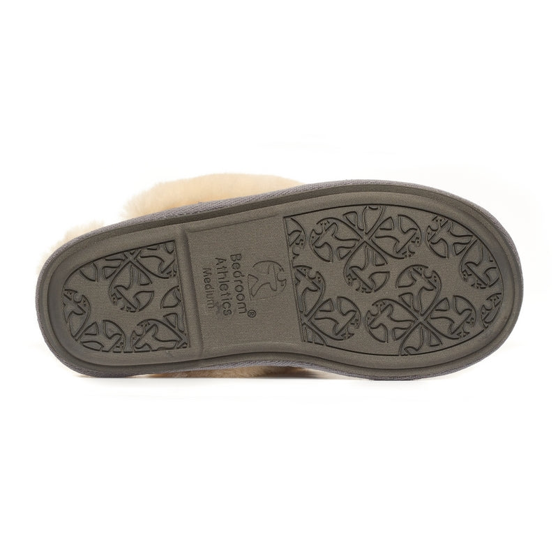 Kate Grey and Pink Check Mule Slipper with Australian Sheepskin - outer sole with Bedroom Athletics logo