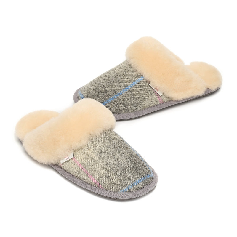 Kate Grey and Pink Check Mule Slippers with Australian Sheepskin