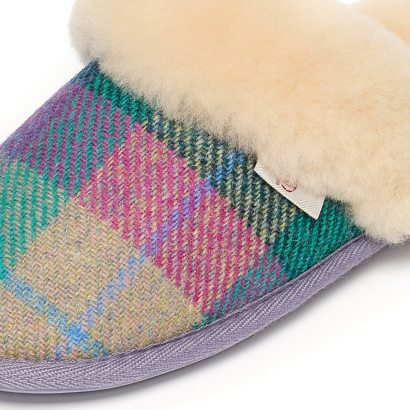Kate Lilac & Blue Check Mule Slipper with Australian Sheepskin - detailed picture
