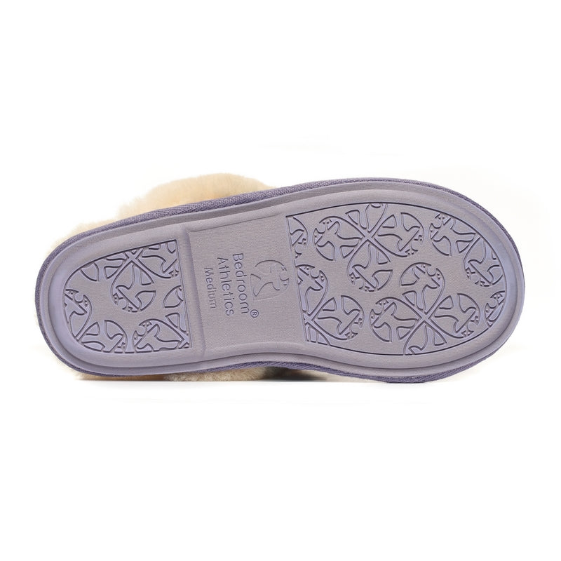Kate Lilac & Blue Check Mule Slipper with Australian Sheepskin - outer sole with Bedroom Athletics Logo