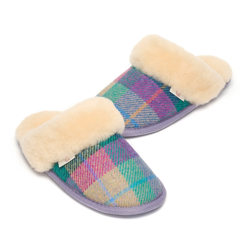 Kate Lilac & Blue Check Mule Slippers with Australian Sheepskin