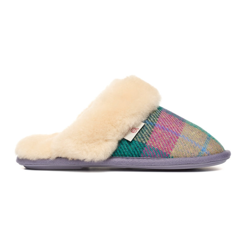 Kate Lilac & Blue Check Mule Slipper with Australian Sheepskin from right side