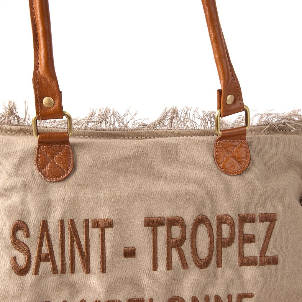 Lani bag (a beige washed canvas shoulder bag), close-up of a front detail